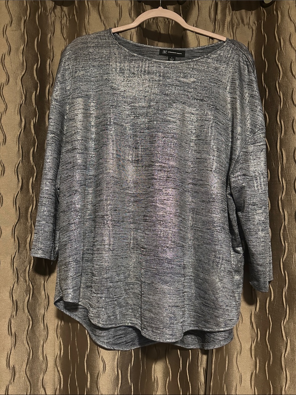 INC International Concepts Silver Metallic Knit Drop-Shoulder Top